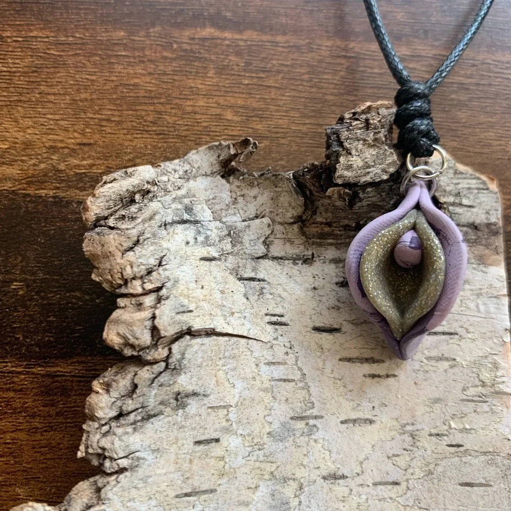 Sensual Floral Necklace Handmade Clay Pendant Adjustable Length Cord - Picture 4 of 12